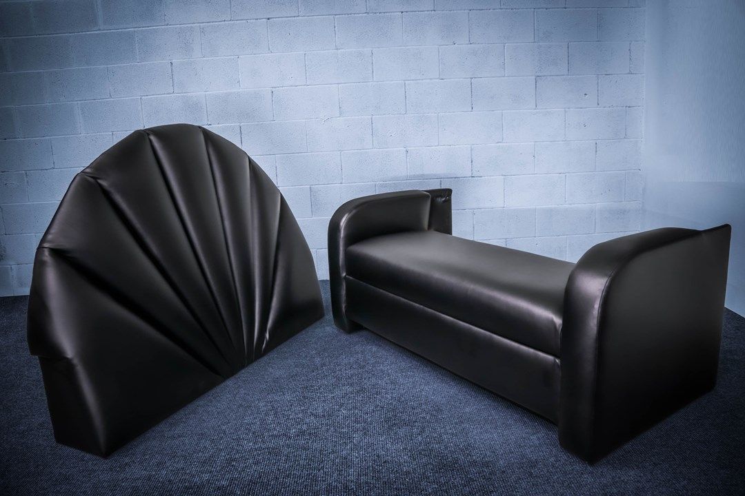 love seat vertical channel back in black vinyl disassembled 